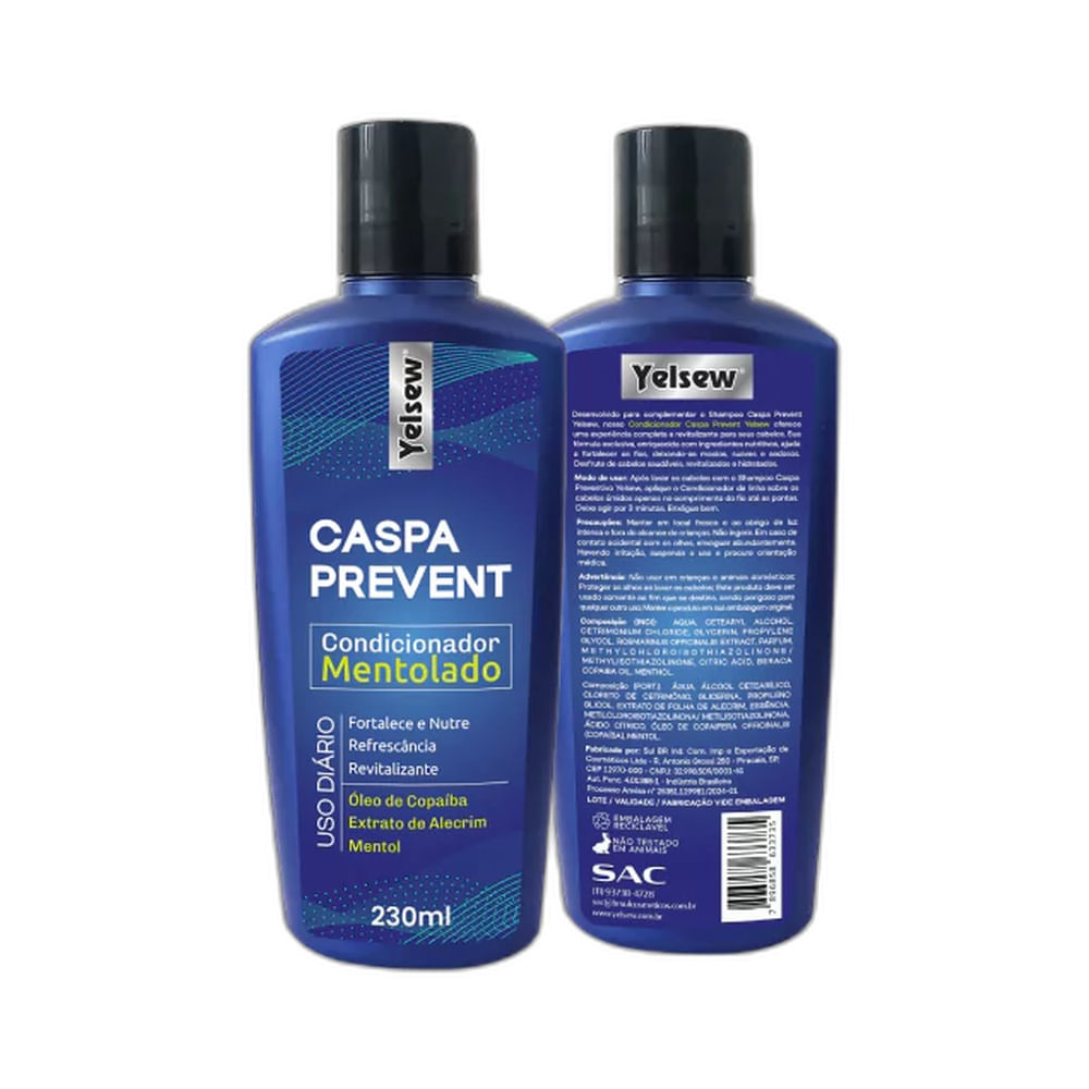 Imagem dupla do condicionador Yelsew Caspa Prevent Mentolado 230ml mostrando frente e verso